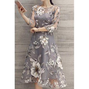 Gray Floral Mid-Calf Dress